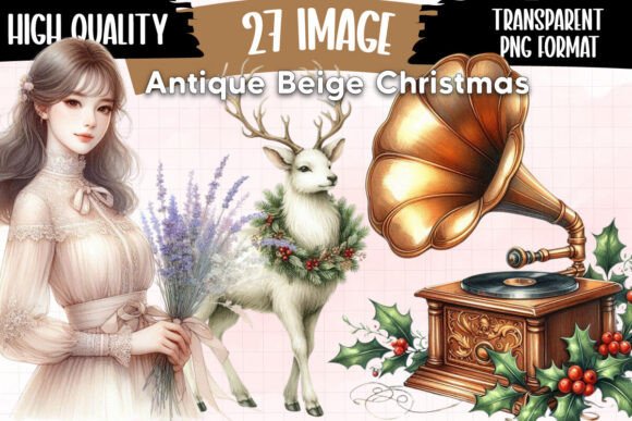 Antique Beige Christmas Clipart: Vintage Illustrations