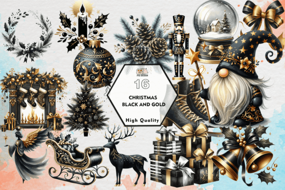 Christmas Black and Gold Clipart PNG: Illustrations