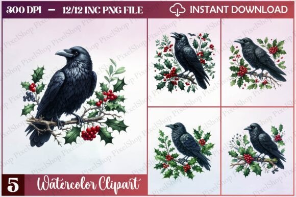 Christmas Gothic Raven Clipart: Illustrations for Dark Holiday Sales