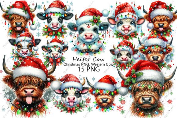 Christmas Heifer Cow PNG: Western Illustrations
