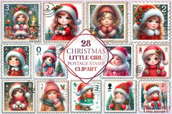 Christmas Little Girl Postage Stamp: Festive Illustrations