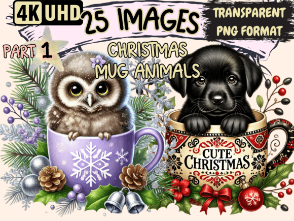 Christmas Mug Animals Clipart P1: Festive Illustrations
