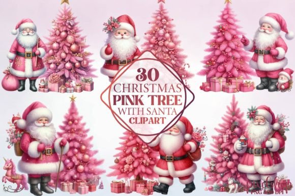 Christmas Pink Tree with Santa Clipart for Illustrations