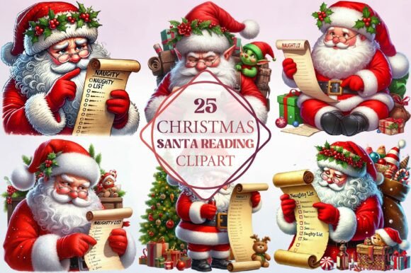 Christmas Santa Reading Clipart: Festive Illustrations