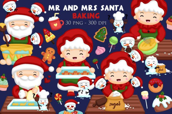 Christmas Santa Woman Baking Cartoon Art Illustrations