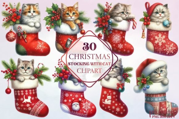 Christmas Stocking with Cat Clipart: Illustrations for Sellers
