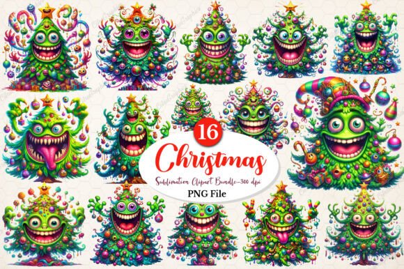 Crazy Christmas Tree Clipart Bundle: Festive Illustrations