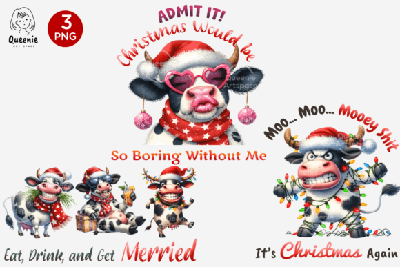 Funny Christmas Cow Pun Sublimation Illustrations