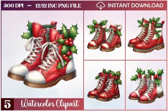 Watercolor Christmas Boots Clipart: Illustrations