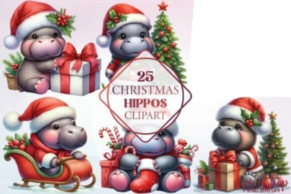 Watercolor Christmas Hippos Clipart Illustrations