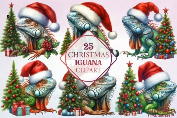 Watercolor Christmas Iguana Clipart: Festive Illustrations