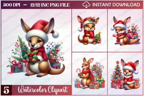 Watercolor Christmas Kangaroo Clipart for Illustrations