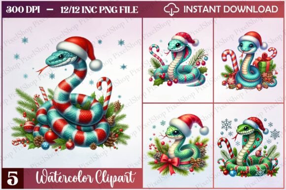 Watercolor Christmas Snake Clipart: Illustrations