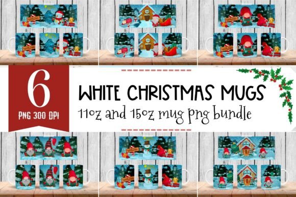 White Christmas Mug Wraps: Festive Illustrations